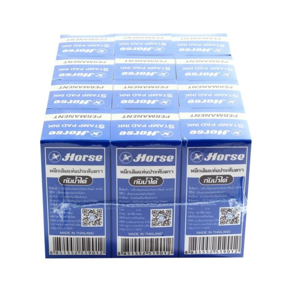 ตราม้า หมึกเติมแท่นประทับ ชนิดกันน้ำ สีน้ำเงิน ขนาด 30 cc. แห้งสนิท สีสวย คมชัด และติดทน